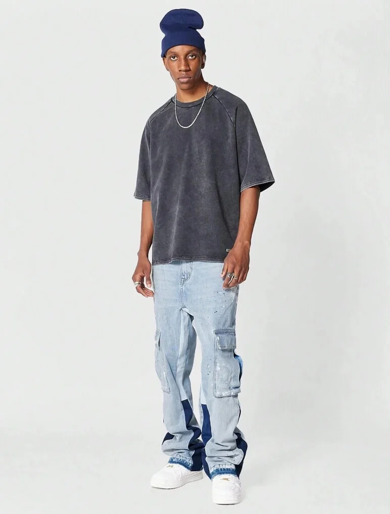High Quality Streetwear Custom Contrast Color Paint Splatter Slim Flared Jean Stacked Flare Denim Pants Men_voghion.com