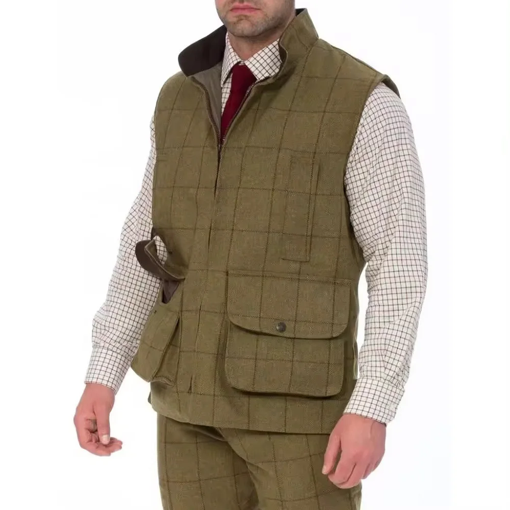 Customized Mens Tweed Fabric Hunting Vest Winter Waistcoat for Hunter Water Repellent Shooting Vest