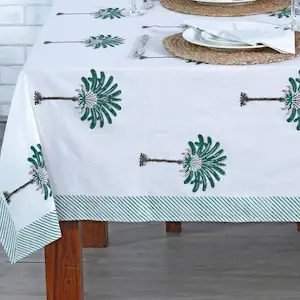 Pine Green and Peanut Brown Tree Print With Green Striped Border Table Cover Indian Hand Block Printed Table Cover