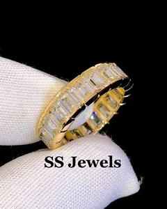 Emerald Cut Moissanite Eternity Band Ring 925 Silver Gold Plated VVS Diamond Iced Out Wedding Ring for Men & Women