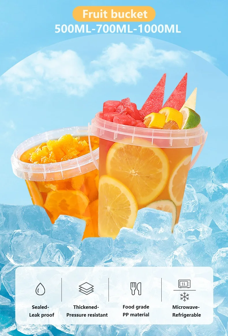 Wholesale Takeaway Fresh Fruits Container Buckets  Plastic Drink Buckets Fruits Container 500ML 700ML 1000ML With handle supplier