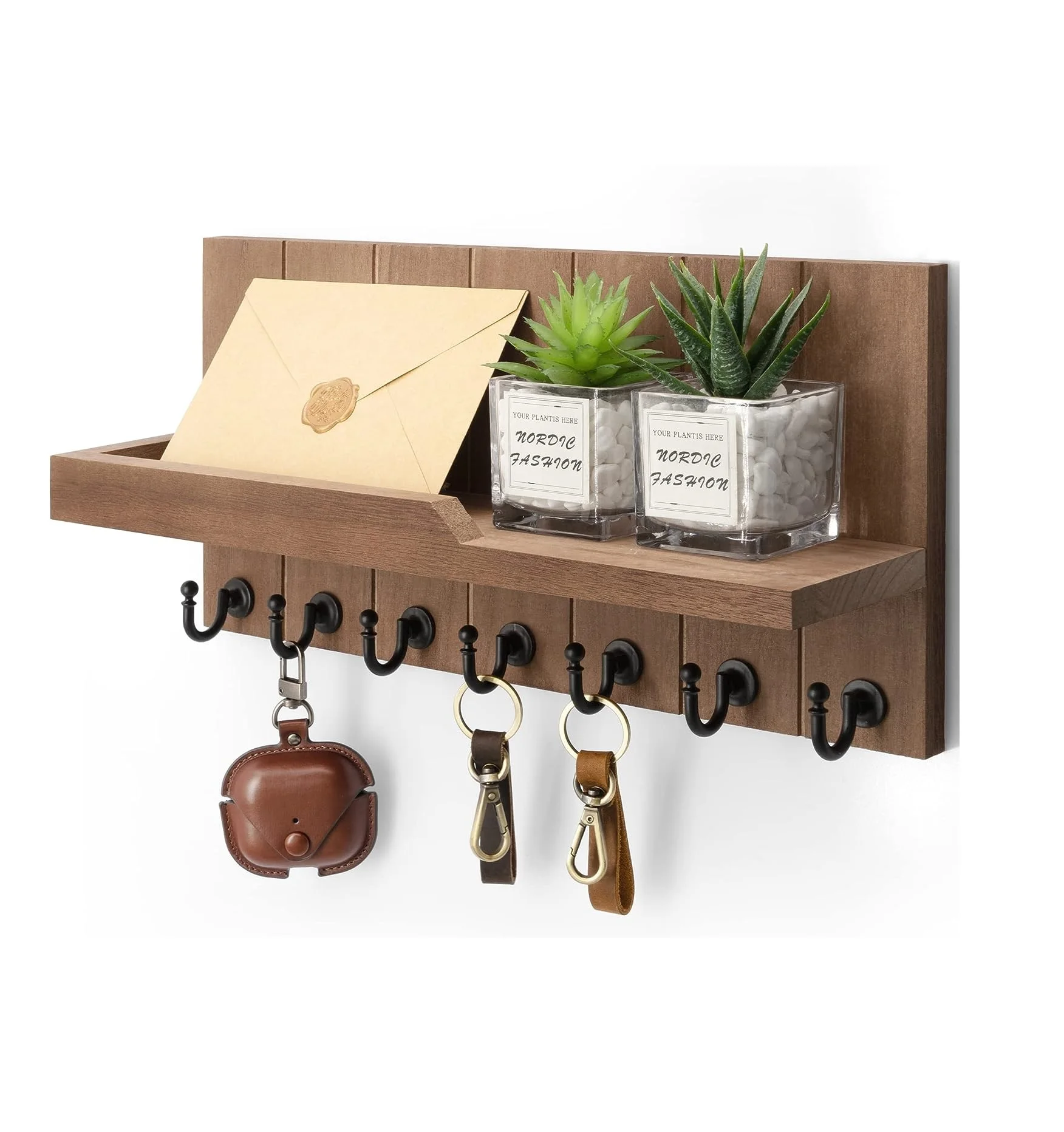 Key Holder for Wall - Farmhouse Rustic Mail Organizer Floating Shelf for Home Kitchen Entryway Decor with 7 Sturdy Key Hooks