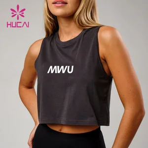 HUCAI OEM ODM Custom logo Silk Screen Printed Cotton Spandex Sexy Soft Stretchy Loose Running Yoga Gym Crop tank Top Women