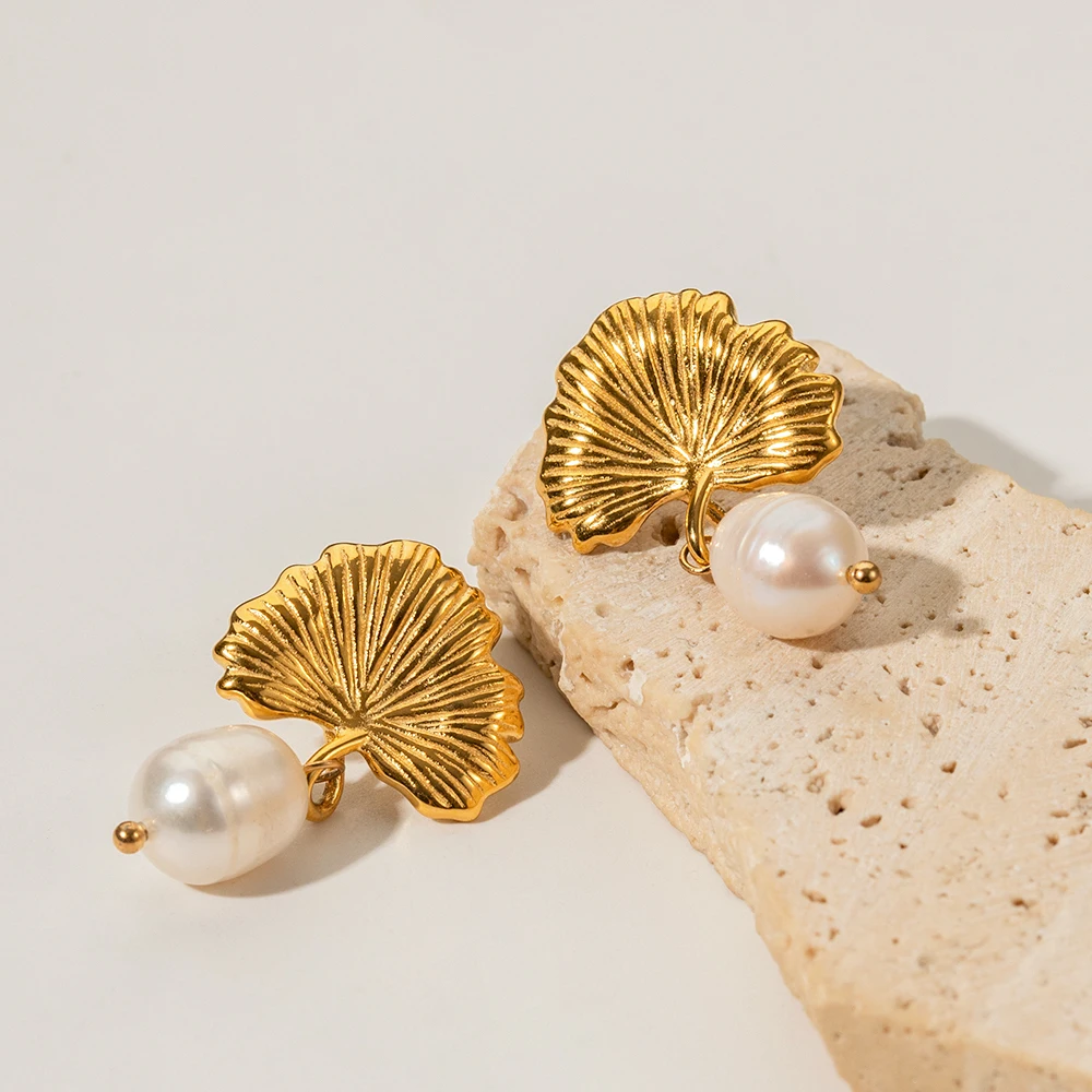 Ins Popular 18k Gold Plated Ginkgo Leaf Shape Freshwater Pearl Earring ...