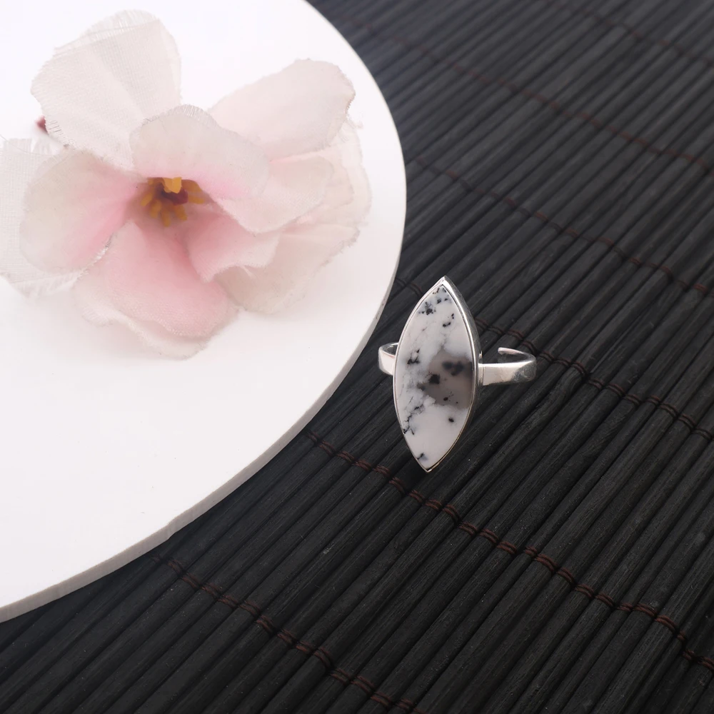 Simple Ring Natural Dendrite Opal Collet Setting Adjustable Ring Brass Silver Plated Marquise Shape Gemstone Back Open Band Ring