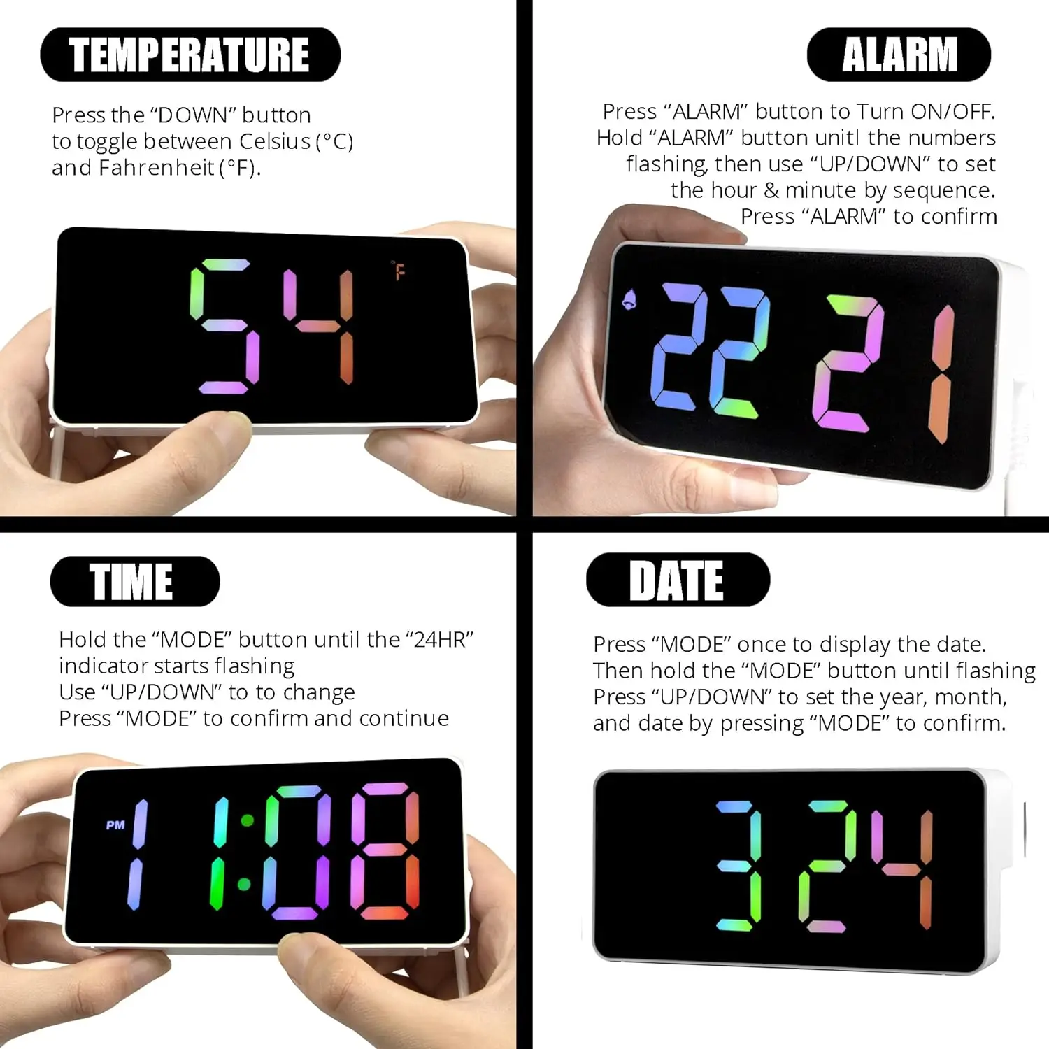 Rainbow Compact Modern Digital Desk Clock With Large RGB Display Temperature Adjustable Brightness Function