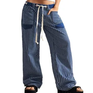 Women's Mid Waist Casual Loose Wide Leg Stripe Denim Pants - Waistband Eyelet & Drawstring, Color Block Pocket