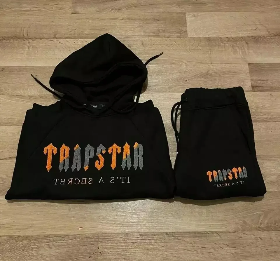 High Quality Custom Trapstar Chenille Embroidery Hooded Tracksuit Black