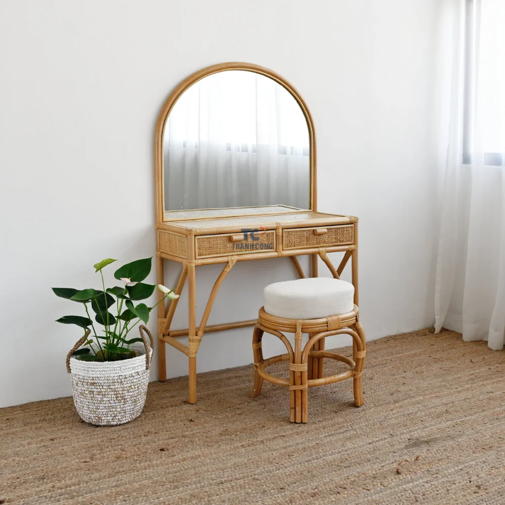 New Model Vintage Make up Vanity With Mirror for Girls Room Rattan Vanity Set Bedroom Furniture Makeup Vanities Wholesale