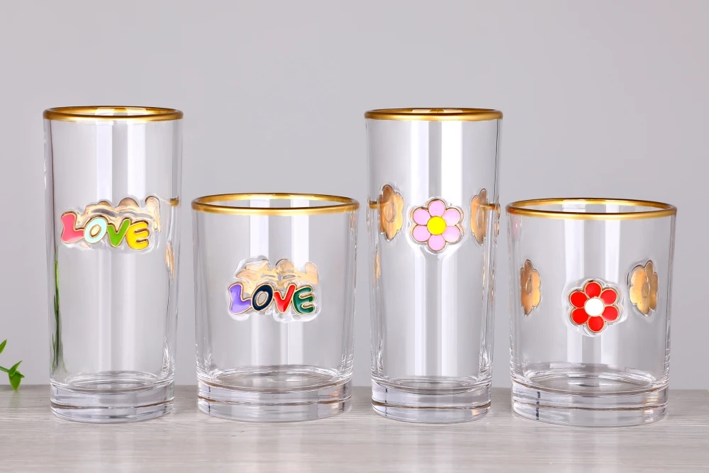 Ready to Ship Gold Rim 3D Enamel Raised Design Barware Cocktail Water Highball Drinking Glass Tumbler Cup for Gift