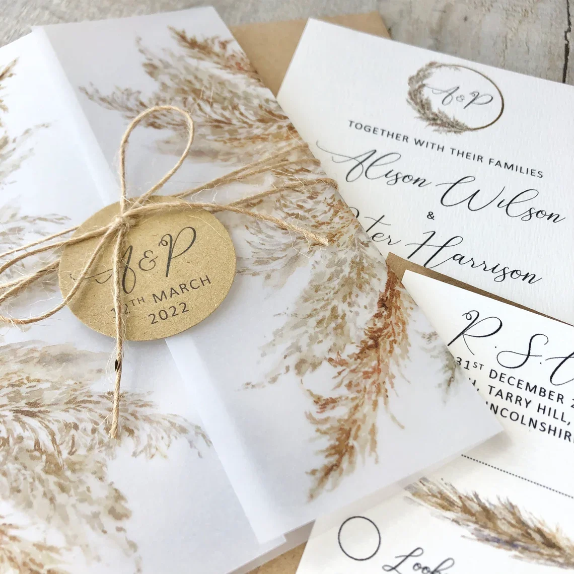Custom Rustic Boho Pampas Grass Vellum Wrap Wedding Cards Designs Invitation Free Design Wedding