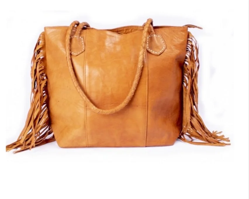 Tasseled Moroccan Chic Tote Bag Leather Handmade Fringed Genuine