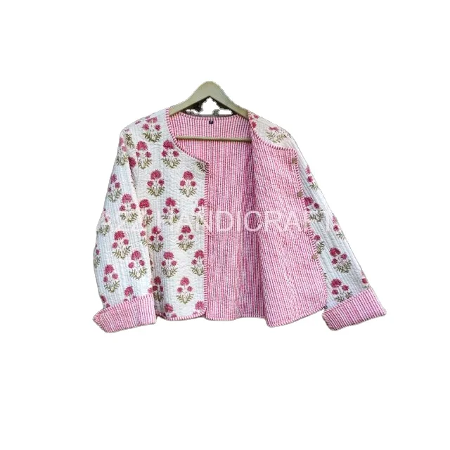 Hand Block Flower Print Winter Jacket Women Clothing White & Pink Indian Kantha Jacket Cotton Quilted Coat, Boho, Hippie