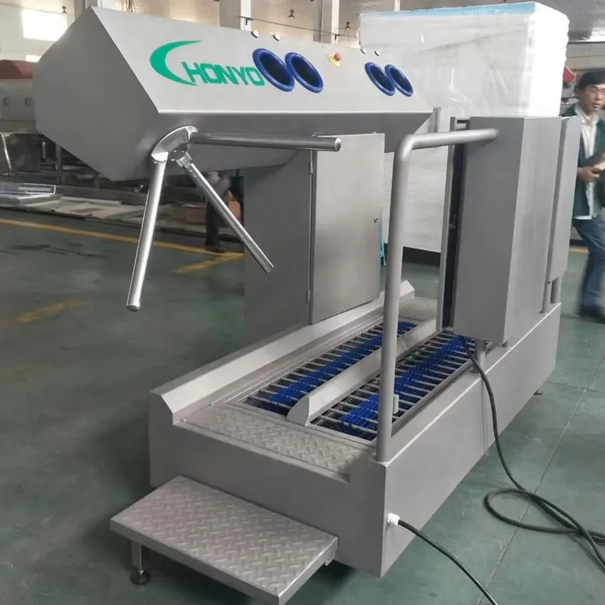 Stainless steel boot cleaning machine for worker hygiene and food safety control in slaughterhouses