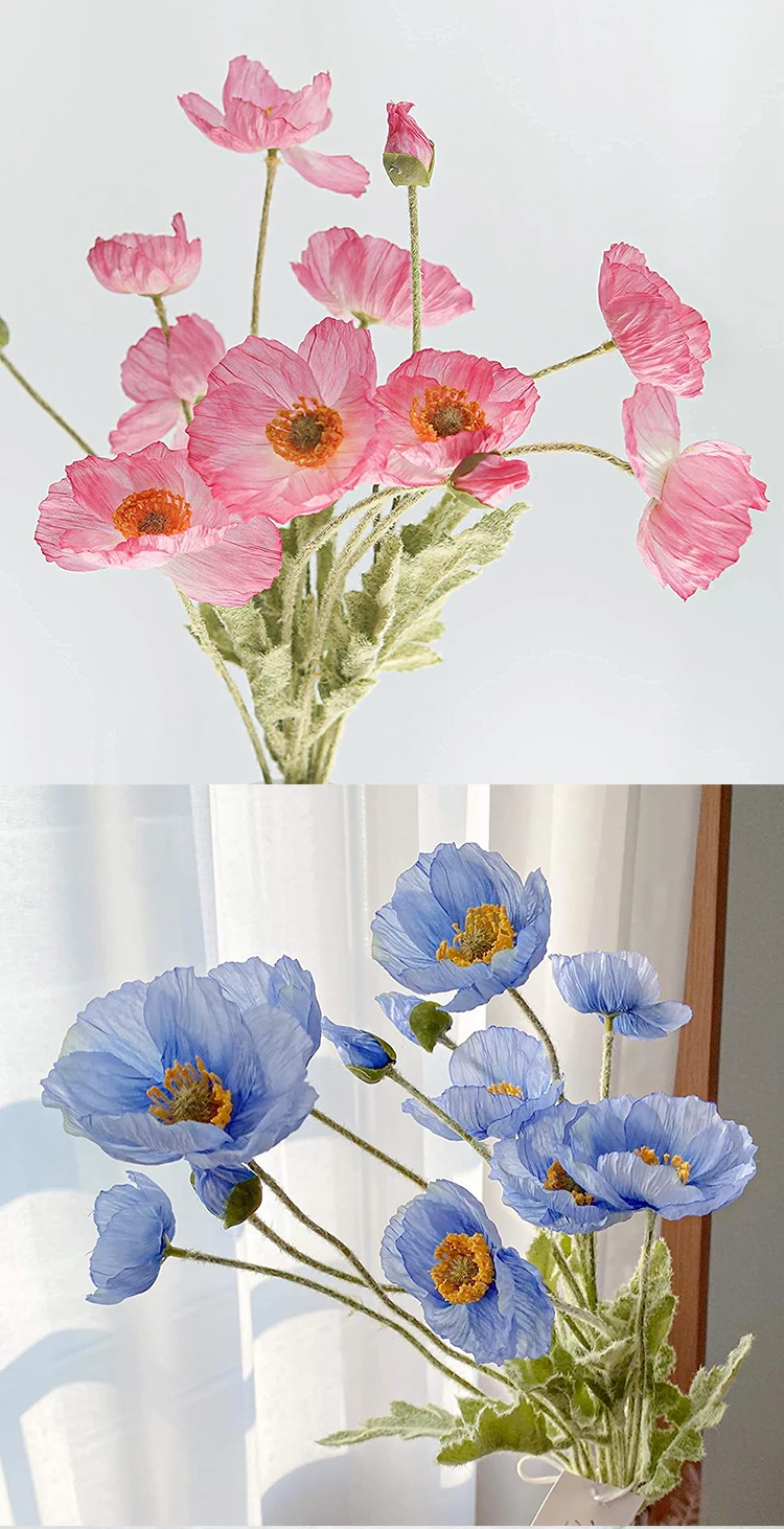 红色罂粟花人造花丝绸假罂粟花束长茎逼真桌展示室内婚礼花卉装饰