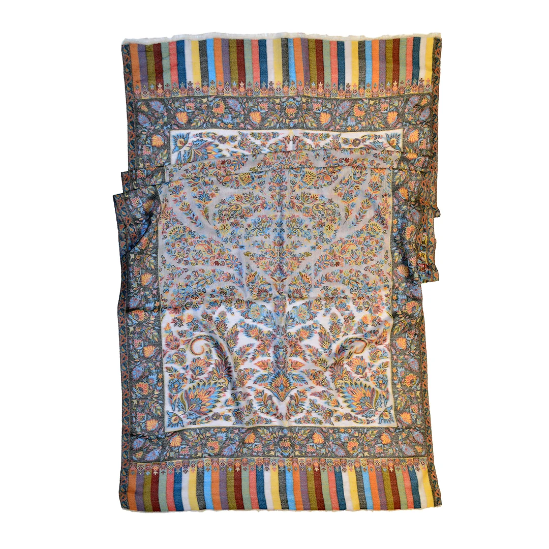 Châle Ancien Indien Kani Tissé Main - 58x53 Pouces - Motif Paisley Multicolore - Vintage En Bon état