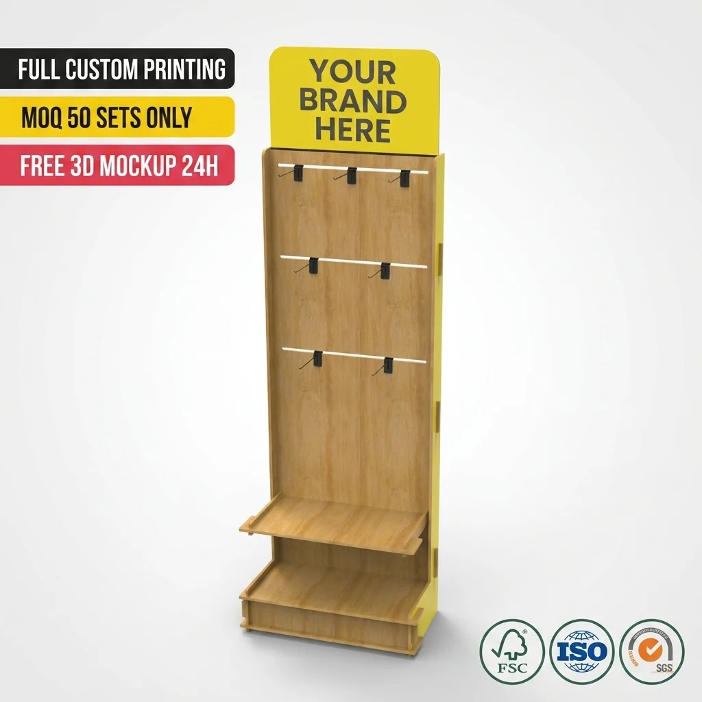 Custom Wooden Beef Jerky Display Rack | Floor Standing Snack Food Display Stand with Hooks & Shelves | Retail Store Display Rack