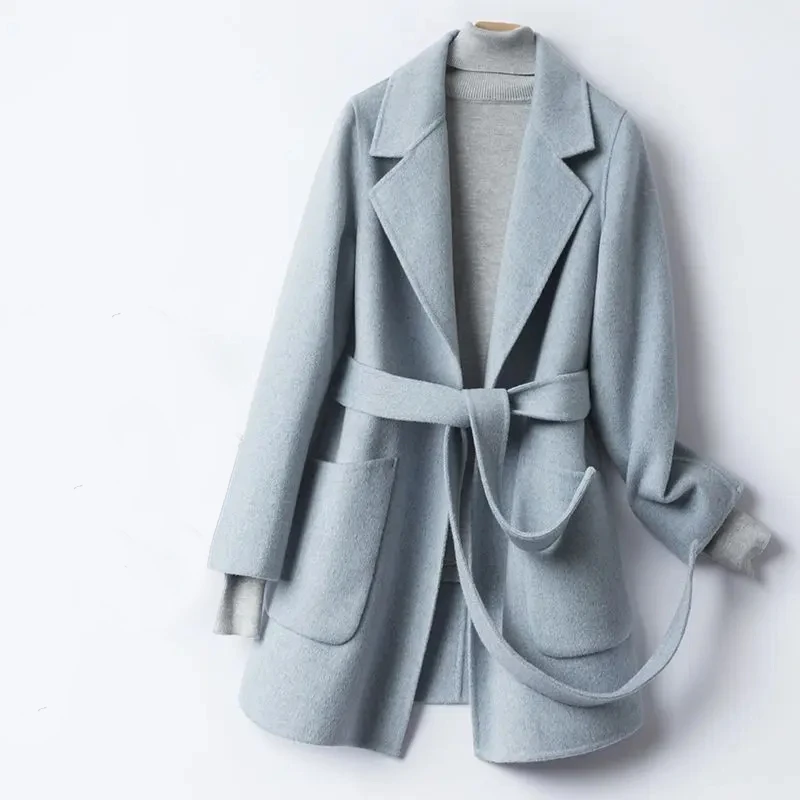 Trendy Ladies Casual Style Wool Blend Blue Trench Coat Long Cotton Breathable Outerwear - Image 2