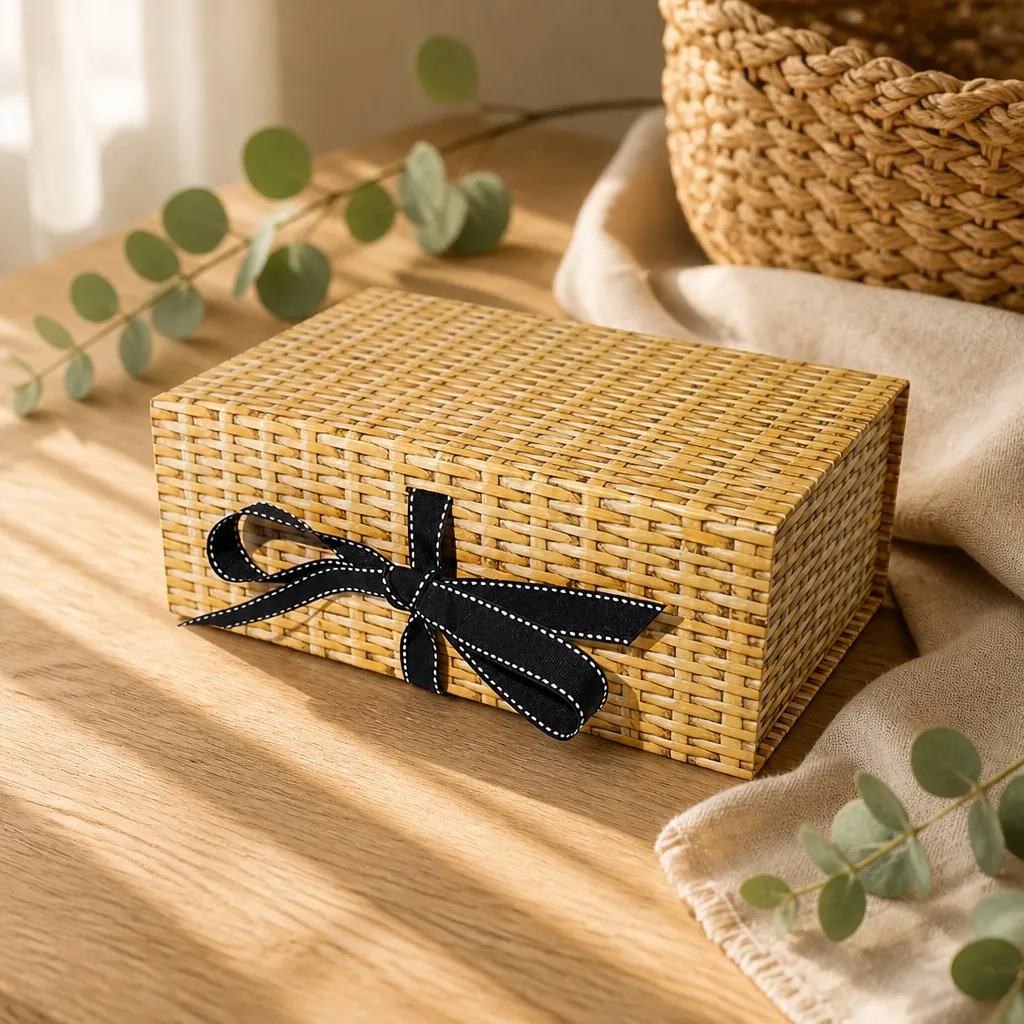 Custom Folding Gift Box with Woven Rattan Texture and Black Ribbon Bow Flat Pack Design for Gift Packaging Wholesale Supplier