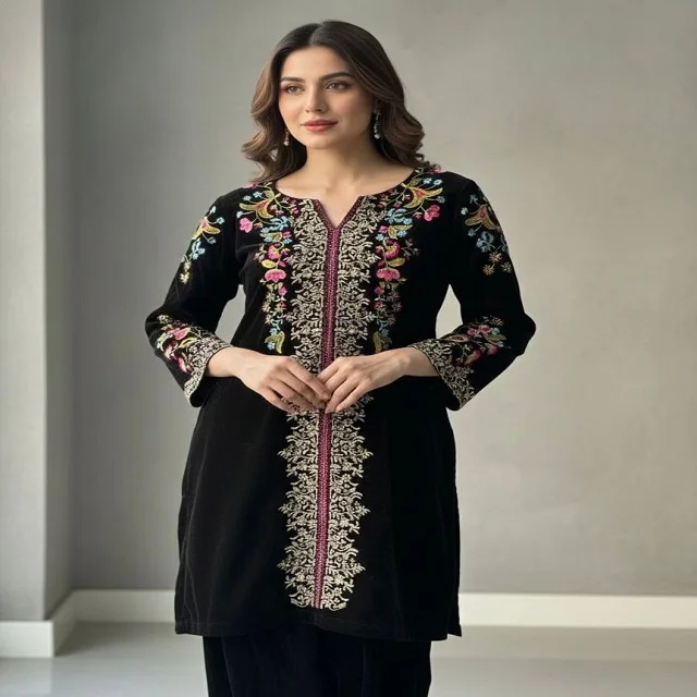 Designer Velvet Adult Kurti Golden Embroidery Work Trouser Set Women Ethnic  Party Wear Traditional Dress Winter Made India