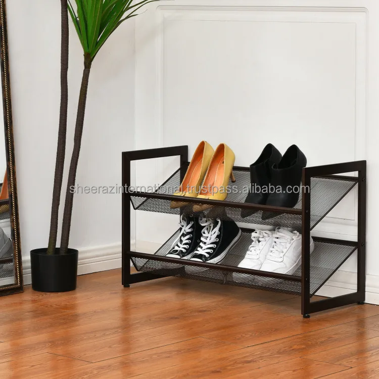 Metal Shoe Rack In Gold Finish With Seat & Shelf Large Organizer Shelf
