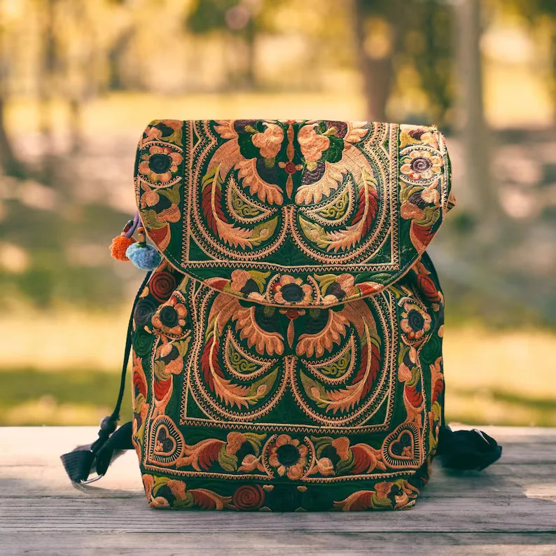 Handmade Embroidered Backpack Made in Thailand Unused Unqiue Colorful Large Handmade Embroidered Backpack Made in Thailand Unused Unqiue  main image 4
