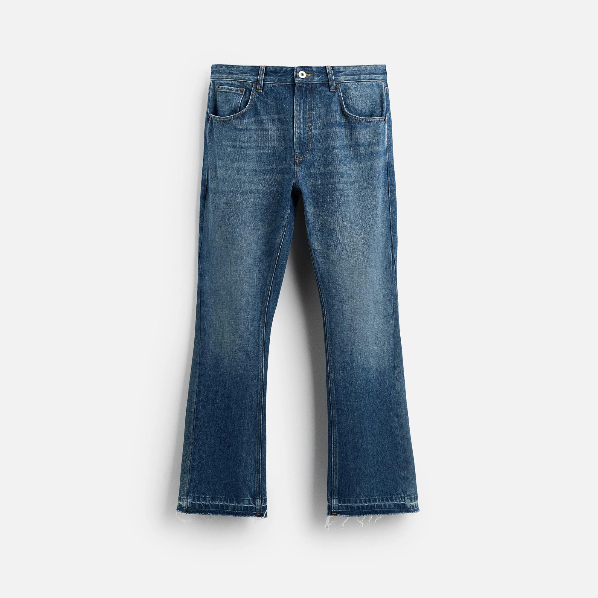 Men Flared Bell Bottom Jeans with Washed Effect Five Pockets Uneven Hem Zip Fly Top Button Fastening Made in Bangladesh