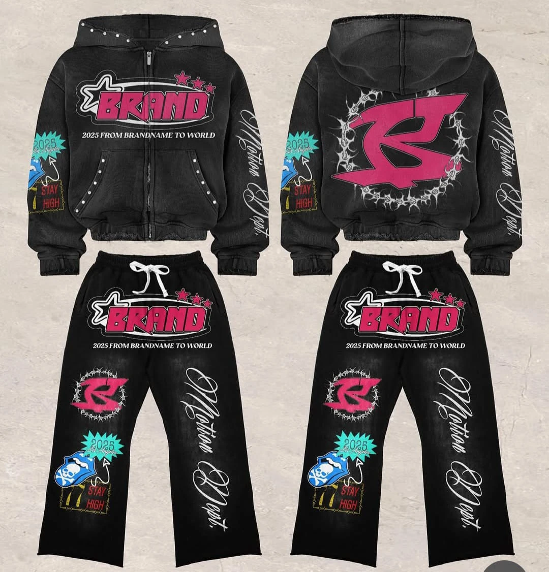 Glory Customized Vintage Solid Streetwear Regular Fit Hoodie Stacked Pants Set Acid Wash Tracksuits Adults Unisex Puff Printed