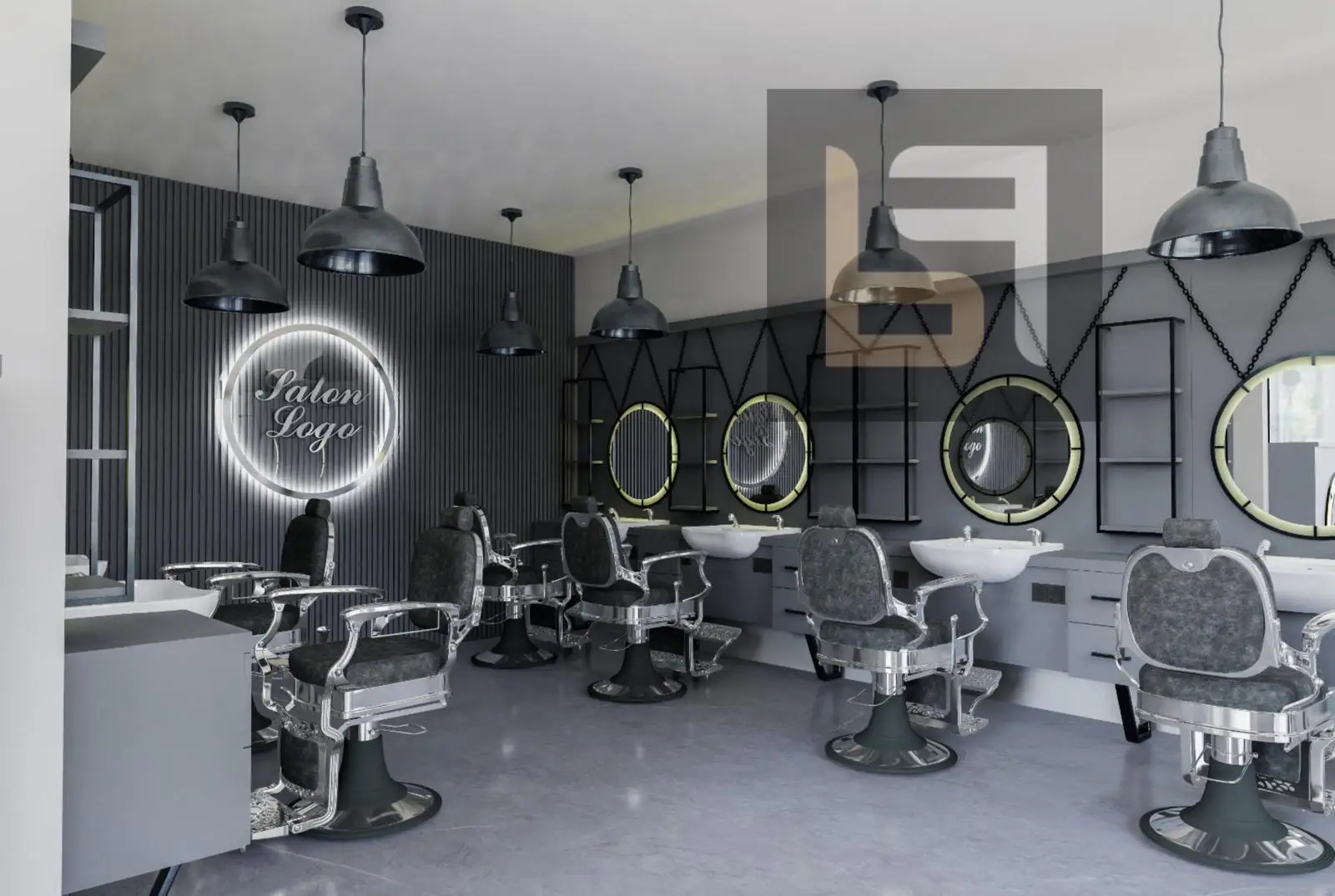 Modern Commercial Salon Barber Station Wooden Storage Mirror Glass Black/Grey Finish Hair Wash Sink Dining Outdoor Hotel Gym