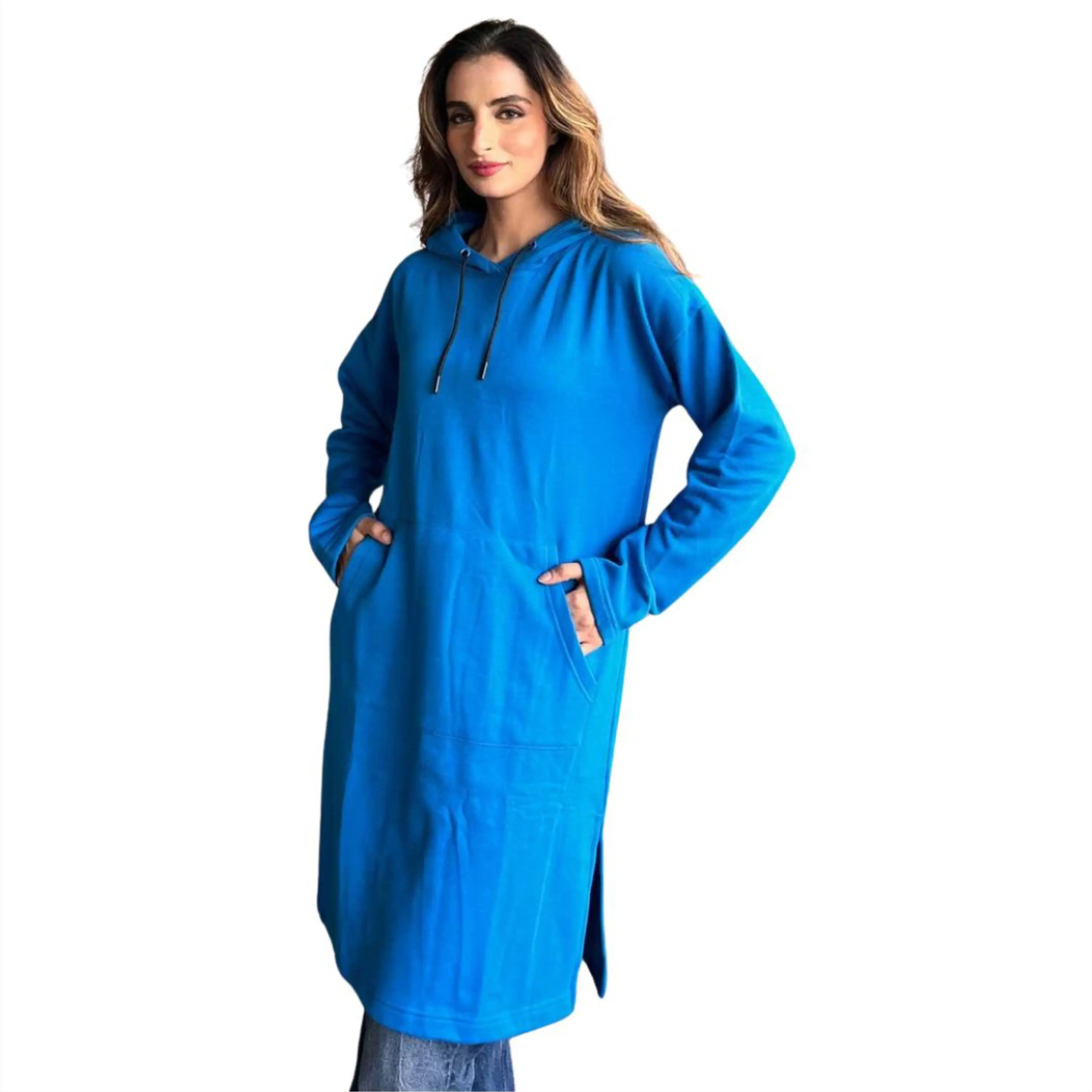 Full Sleeve Length Wholesale Ladies Winter Blue Maxi Tunic Dress East West  Women Long Fleece Pullover Hoodie with Hooded Design