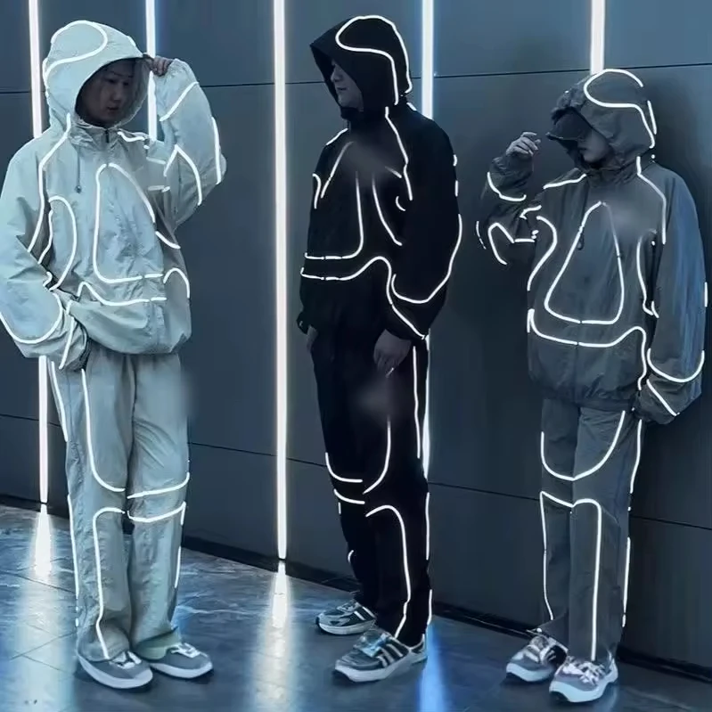 Custom Oversized Blank Sweatpants Heavyweight Sweatsuit Ski Mask Double Hoodie Set Baggy Streetwear Reflective Unisex Tracksuit gallery 3
