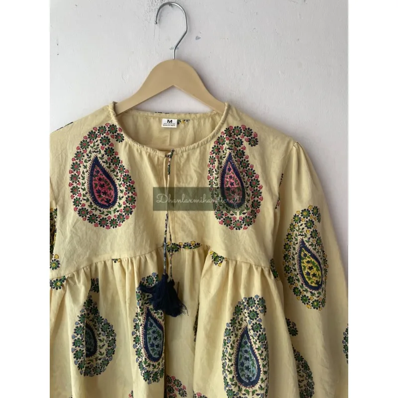 Hand Block Print Cotton Summer Mini Top Dress Hand Stitched Paisley Print Women's Beach Dress Casual Wear Top Ladies Blouse