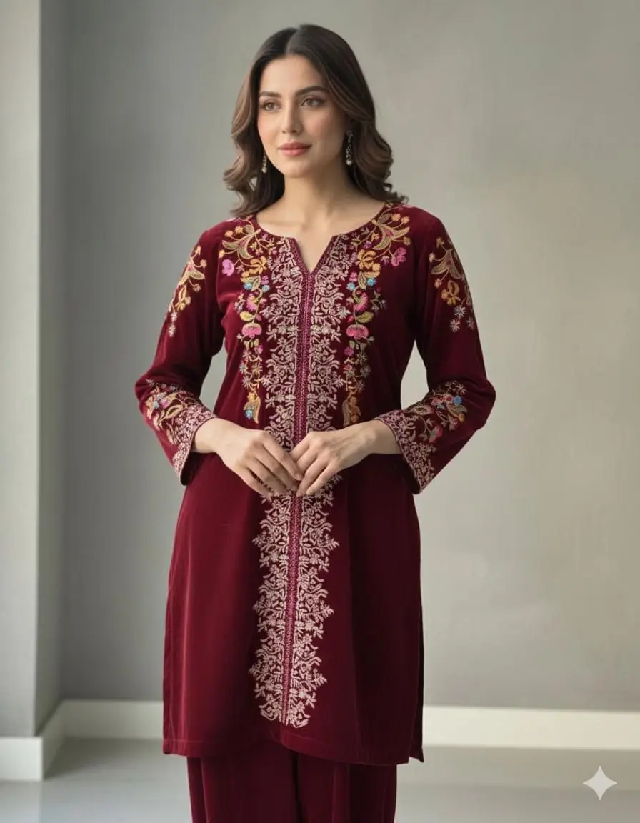 Designer Velvet Adult Kurti Golden Embroidery Work Trouser Set Women Ethnic Party Wear Traditional Dress Winter Made India Designer Velvet Adult Kurti Golden Embroidery Work Trouser Set Women Ethnic Party Wear Traditional Dress Winter Made India