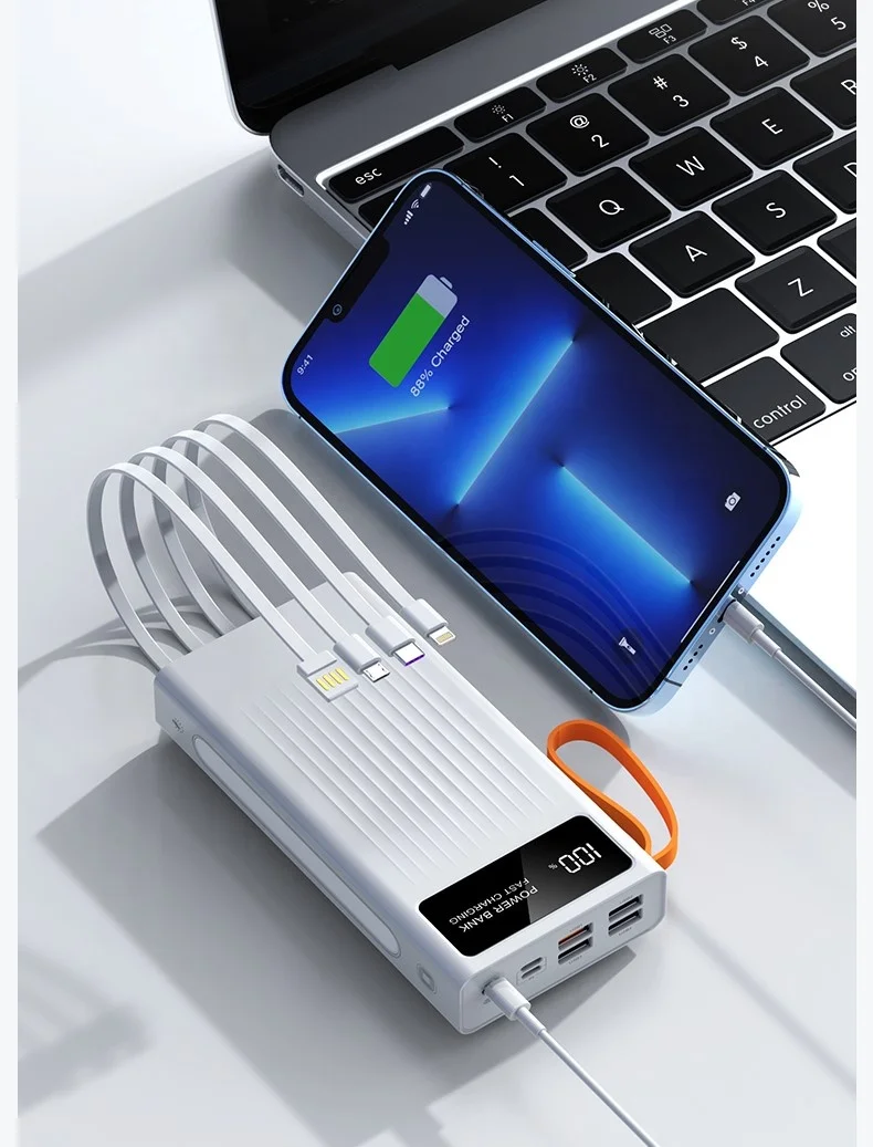 PD20W hot sales 66W Fast Charger Power Bank with LED light 30000mAh Built in Cable Power Bank