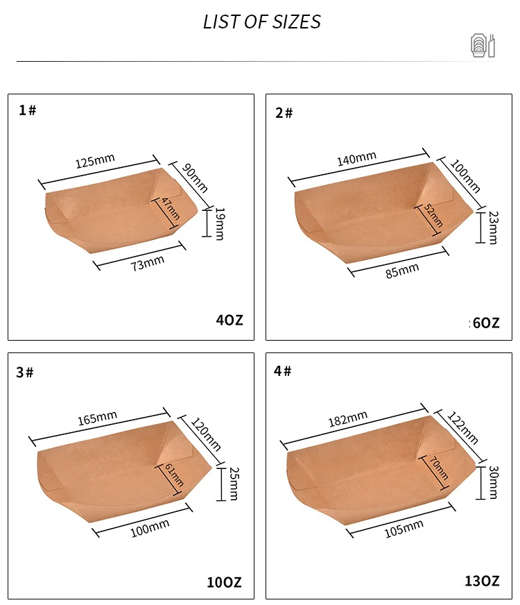 Disposable Kraft Food Tray Hot Food Lunch Tray Boat Shape Food Paper Tray factory