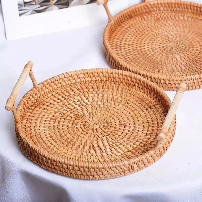 Decorative Storage Woven Rattan Bread Fruit Serving Tray With Handles ...