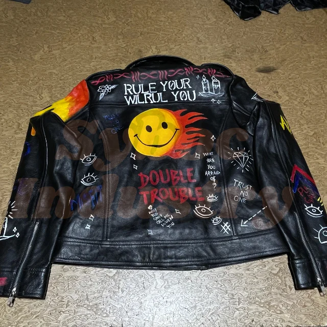 Custom Painted Leather Biker Jacket Handcrafted Graffiti Style
