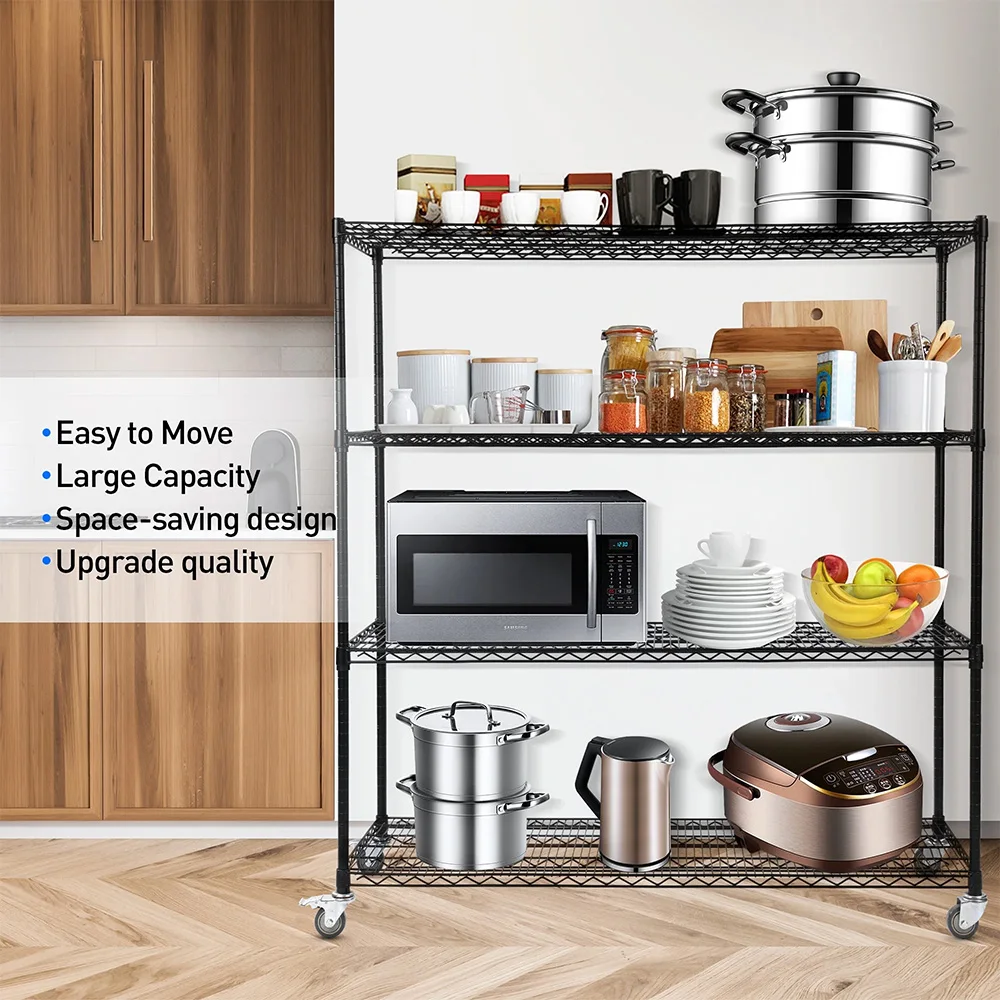 4-Tier Heavy Duty Wire Shelving with Wheels 2400 Lbs Capacity Adjustable Black Metal Garage Storage Shelves for Kitchen Use