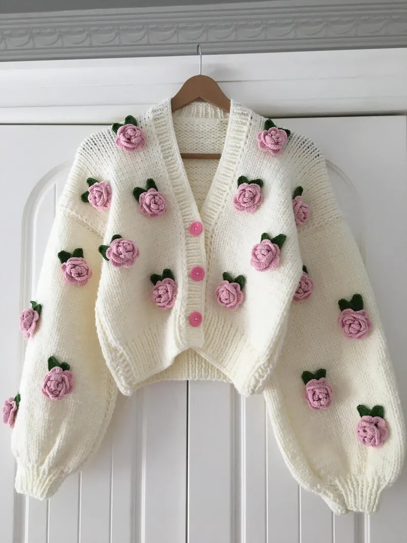Winter Retro Custom Thick pink Rose Ladies Gift Floral Short Knitted Woven Handmade Crochet Women Cardigan Sweater