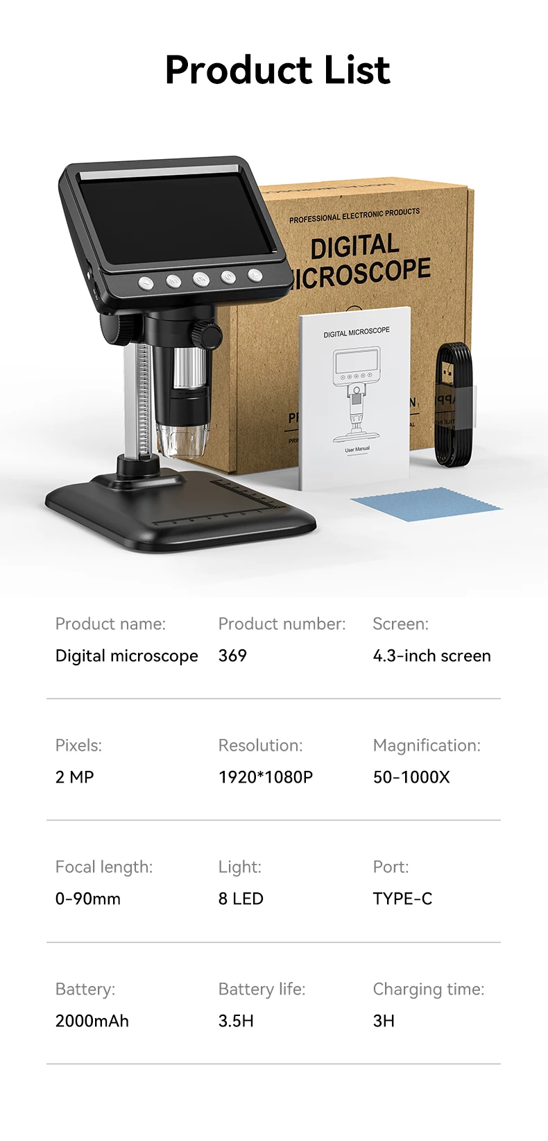 Inskam369 4.3inch 1080P Full HD Digital Microscope 1000X Electronic Microscope