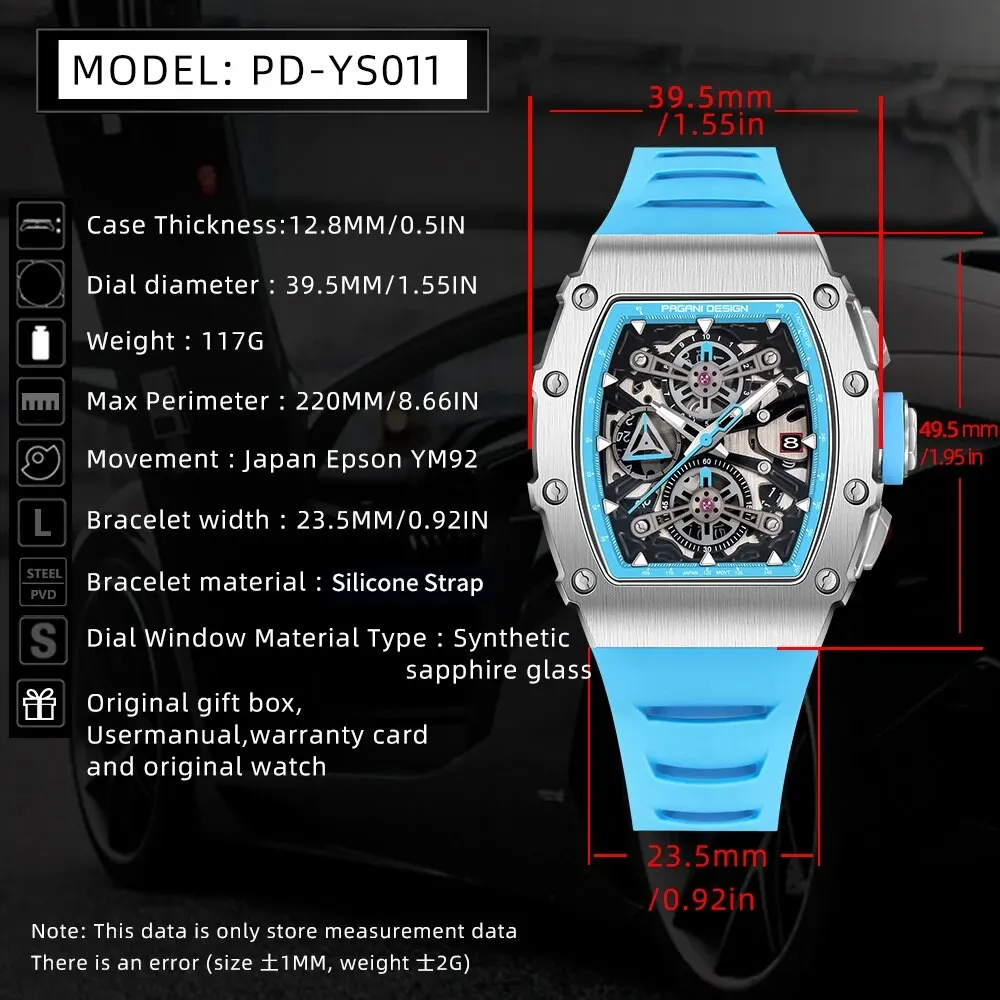 PAGANI DESIGN YS011 New 40MM Barrel Hollow Fashion Casual Men's Quartz Watches Sapphire Glass Quartz Watches Chronograph Clock