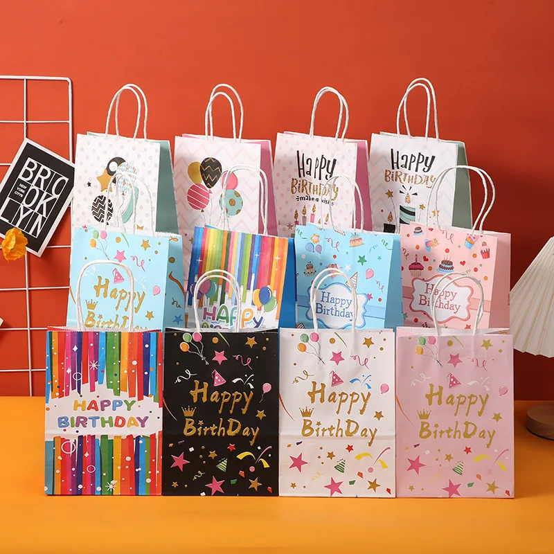 Happy Birthday Kraft Paper Bags With Handles Candy Cookie Gift Surprise - View #9