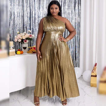 Elegant Maxi Gold Pleated Glitter Women's Cocktail Dresses One Shoulder