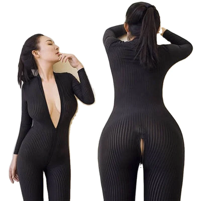 Women Black Striped Sheer Bodysuit Smooth Fiber 2 Zipper Long Sleeve Jumpsuit Buy Women Sexy 4576