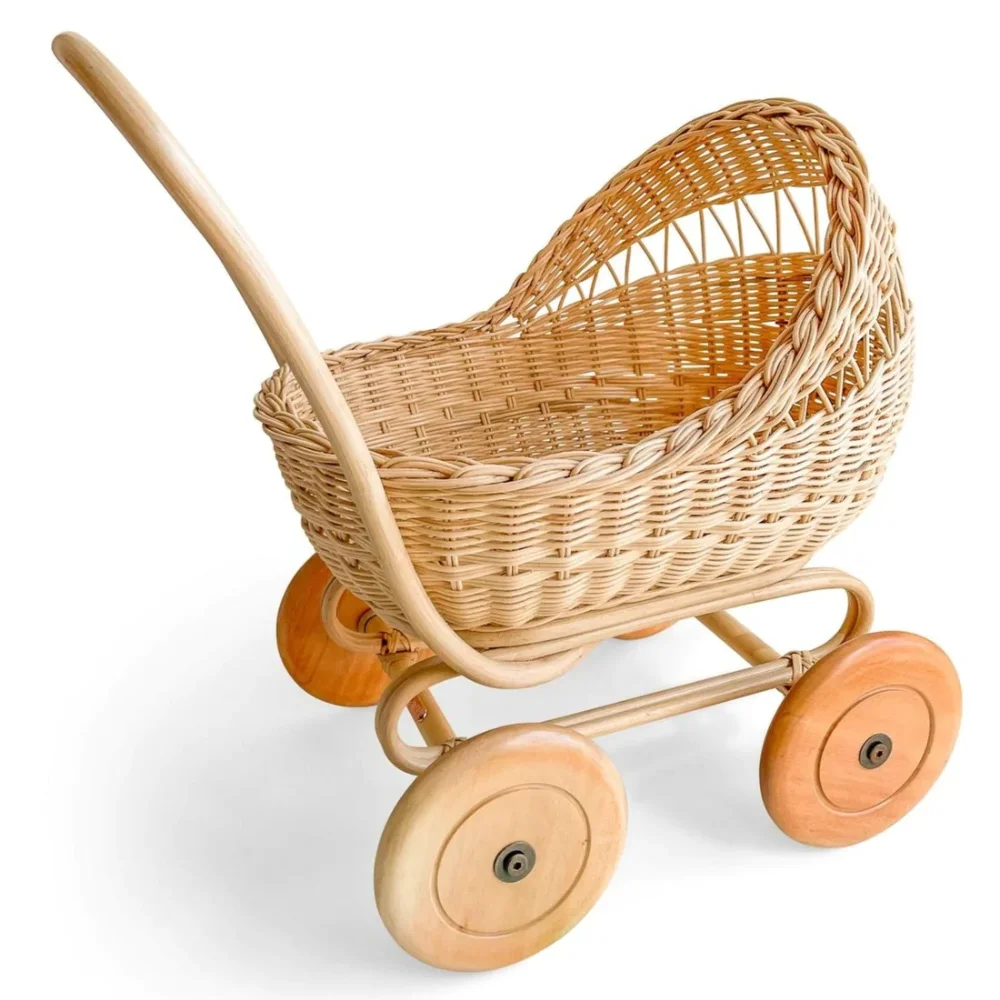 Wholesale Handcrafted Ecofriendly Wicker Rattan Baby Palm Doll Stroller Kids Furniture From