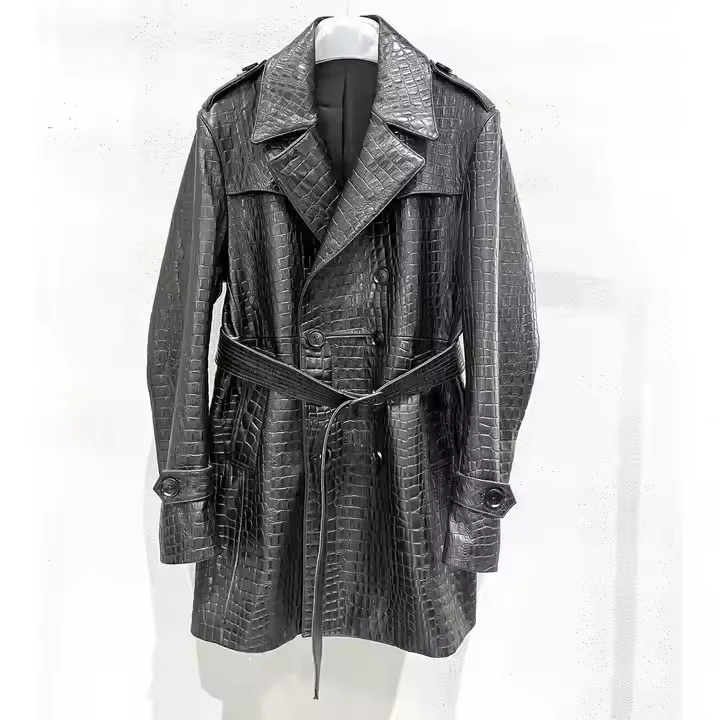 Hot Sale Wholesale High Quality Genuine Sheep Skin Waterproof Vintage Winter Trench Leather Jacket Coat For Men Black Front - Image 6