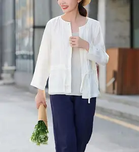 Custom Women's Summer Linen Long Sleeve V-Neck Coat with Button Decor Woven Weaving Method ODM Available Big Sizes High Quality