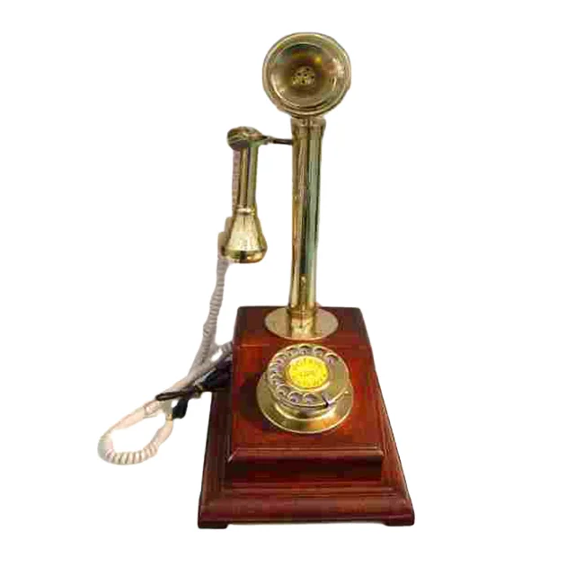 Vintage Style Brass Candlestick Phone With Wooden Base Rotatory Dial