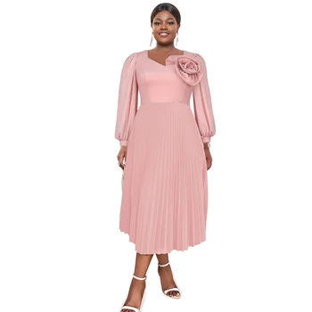 Wholesale Long Lantern Sleeve Flower A Line Pleated Pink Bridesmaid Casual Dresses