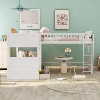 School Furniture Student Bedroom Furniture Wooden L-Shaped Frame Kids Teens Boys Girls Children Twin Triple Bunk Loft Bed